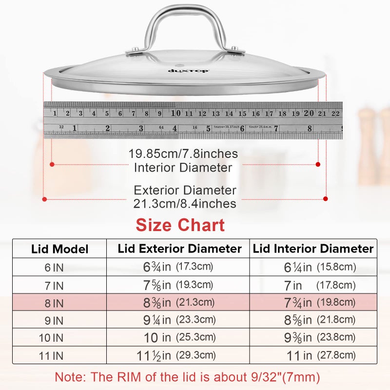 Duxtop Cookware Glass Replacement Lid (Interior Diameter: 7-3/4inch, Exterior Diameter: 8-3/8inch) - Image 4